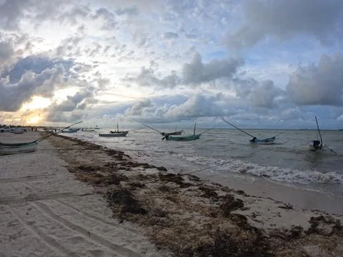 SUNSET ON THE BEACH OF PROGRESO YUCATAN Stock Photos