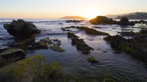 Sunset on the Beach. The Rocky Riffs at Low Tide During Sunset Stock Footage 113667676