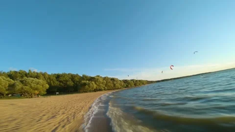 Sunset, beach, sand, wind, waves, water, sea, autumn, evening, sky, drone flight Video stock 160893351