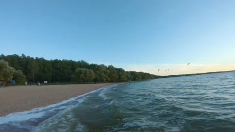 Sunset, beach, sand, wind, waves, water, sea, autumn, evening, sky, drone flight Video stock 160893849