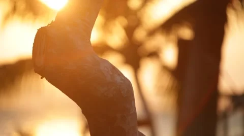 Sunset beach scene of hammock among palm trees Stock Footage 62442811