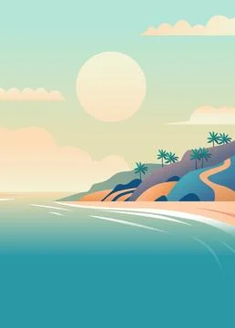Sunset beach scene with palm trees hills ocean waves and pastel sky Stock Illustration
