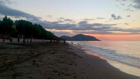 Sunset Beach Scene with Silhouetted Figures Stock Footage 295447624