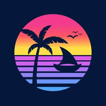 Sunset Beach Summer Ocean Palm Tree Boat Retro Vintage Gradient Stock Illustration