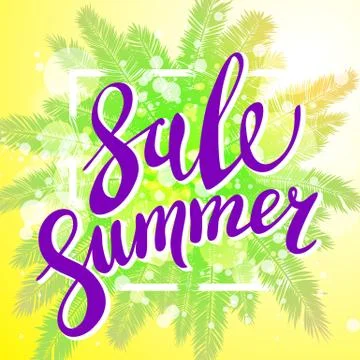 Sunset on the beach Summer sale background with green palm. Vector banner Stock Illustration
