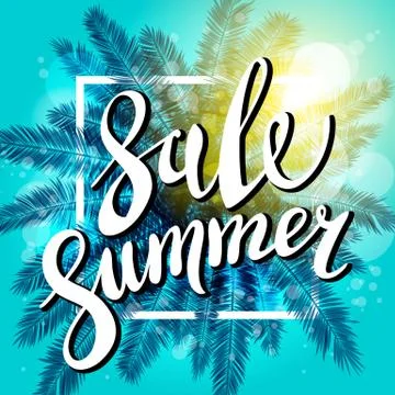 Sunset on the beach Summer sale blue background with palm. Vector banner Stock Illustration
