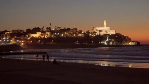 Sunset on the beach in Tel Aviv - Jaffa. Old city Jaffa. Video stock 98213899