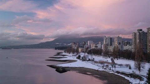 Sunset Beach Vancouver in snow at sunset Stock Footage 149330867