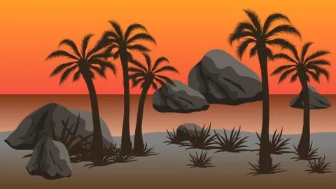 Sunset beach - vector night  landscape background Stock Illustration