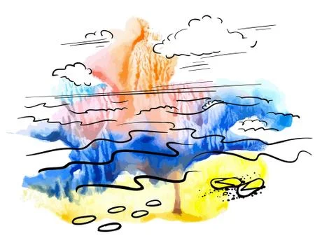 Sunset on the beach watercolor background and graphics Stock Illustration