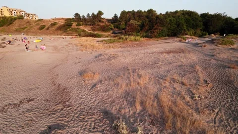 Sunset Beach Waves Drone Rise to View Town Road Coast Stock Footage 235658579