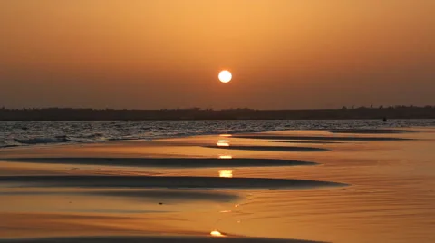 Sunset on Beach - Waves Flow onto Sand, Golden Hour, Nature Stock Footage 55305035