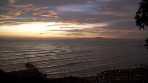 Sunset on the beaches of Peru, a pier and a restaurant Stock Footage 201263914