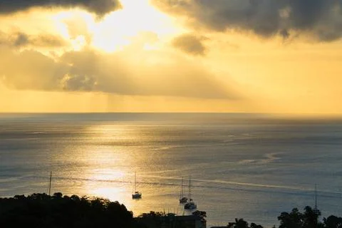 Sunset at beau vallon beach with docking yahts, Mahe, Seychelles Stock Photos