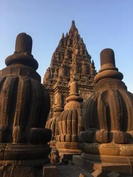 Sunset at the beautiful temple of Prambanan in Java, Indonesia Foto stock