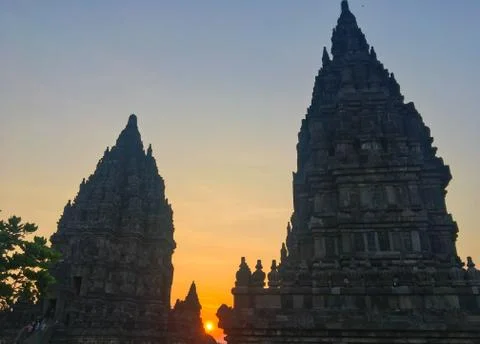 Sunset at the beautiful temple of Prambanan in Java, Indonesia Stock Photos