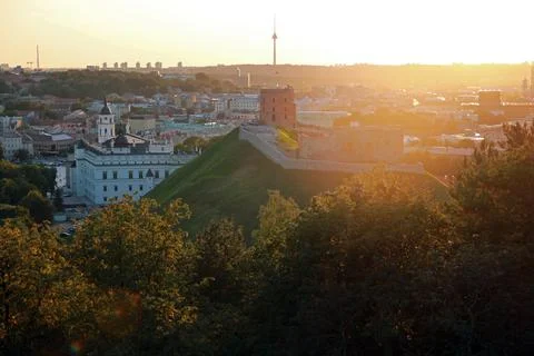 The sunset behind the castle of Vilnius Stock Photos