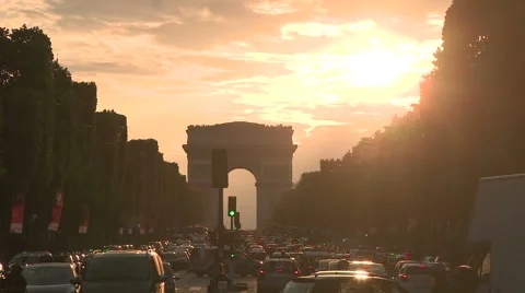 Sunset Behind Champs-Elysees and Arc de Triomphe Stock Footage 52790296