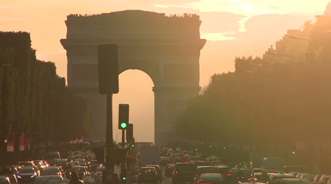 Sunset Behind Champs-Elysees and Arc de Triomphe 2 Stock Footage 52791402