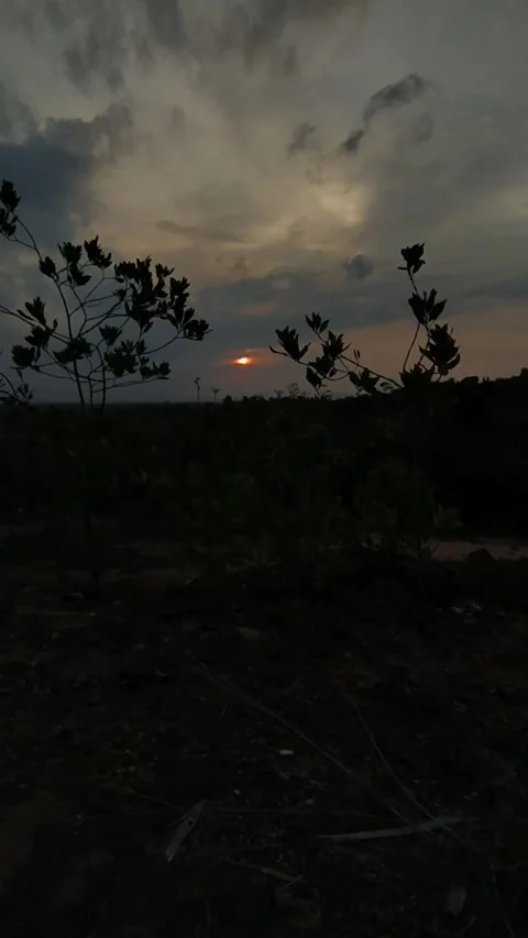 Sunset Behind Clouds Over Dark Silhouette Landscape Vertical Background Stock Footage 336405165