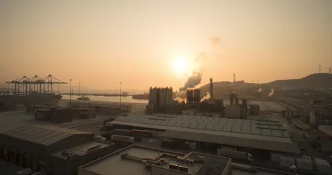 Sunset behind container and sea in customs zone Stock Footage 145200919