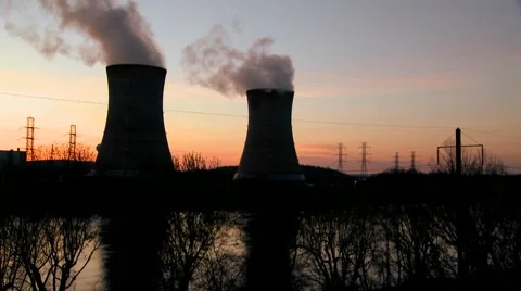 Sunset behind nuclear power plant. Stock Footage 8516413