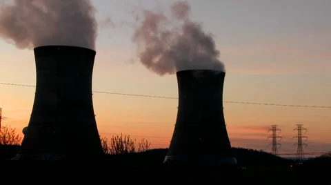 Sunset behind nuclear power plant. Stock Footage 8516438