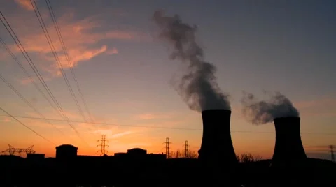 Sunset behind nuclear power plant. Stock Footage 8516450