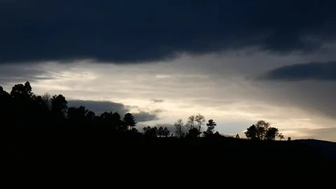Sunset behind rain clouds and pine trees. Winter afternoon. 4kP1120632 Stock Photos
