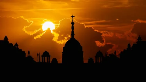 Sunset Behind Rashtrapati Bhavan, Time Lapse with Red Sun and Fiery Sky, India Stock Footage 150727218