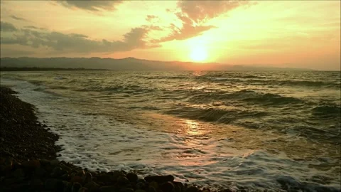 Sunset behind rocky cape of Cyprus, Mediterranean silhouette, dramatic Stock Footage 326696359