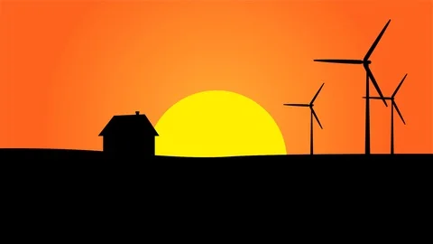 The sunset behind the silhouette of the house and the windmill. panorama Stock Footage