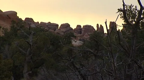 Sunset Behind Stone Pillars Stock Footage 93366213