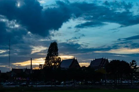 Sunset behind Wat Lad Pha Dook , Temple in Nonthaburi , Thailand. Stock Photos