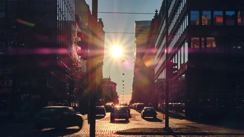 Sunset between buildings in the center of Helsinki Stock Footage 141792189