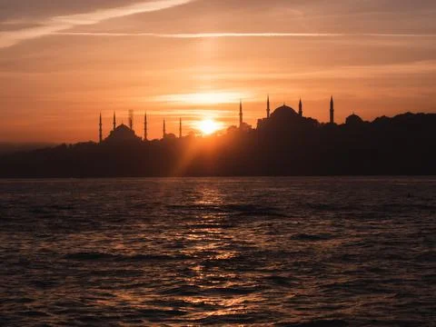 Sunset between Hagia Sophia and Blue Mosque Stock Photos
