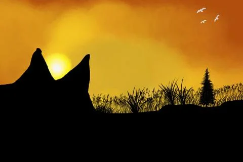 Sunset between the hills beautiful digital art Stock Illustration