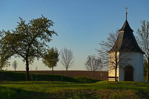 Sunset between trees, Nature, park, Chapel Stock Photos