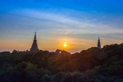 Sunset between two pagodas on Doi Inthanon Stock Photos