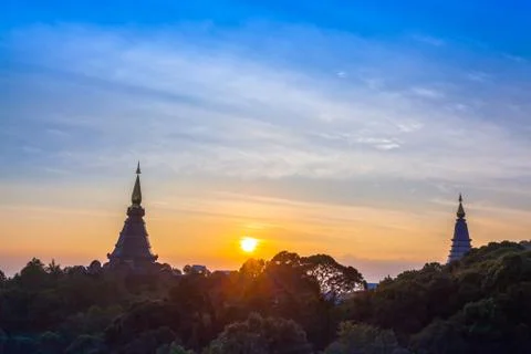 Sunset between two pagodas on Doi Inthanon Stock Photos