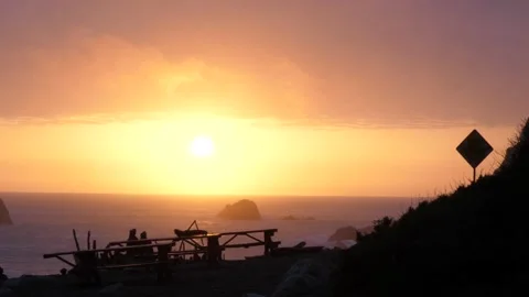Sunset in Big Sur Highway 1 with waves at campsite Stockbeeldmateriaal 153948356