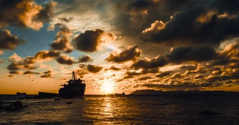 Sunset on the Black Sea . Beautiful Clouds Run through the Colorful Sky Stock Footage 81162831