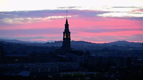 Sunset in blue hour with red clouds at La Laboral University in Gijon, Spain Stock Footage 231569819