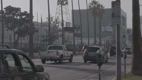 Sunset blvd silhouette with KTLA tower Stock Footage 85758897