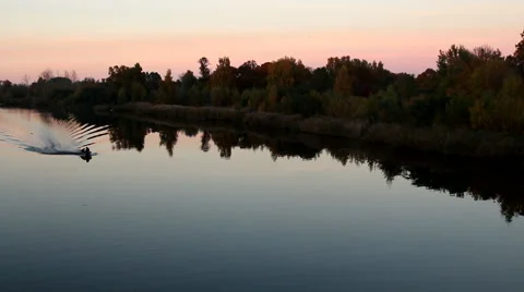 Sunset boat river Stock Footage 45274364