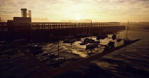 Sunset boats docked, reflections on calm water by waterfront Stock Illustration