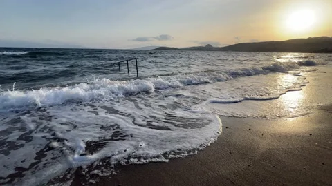 Sunset Bodrum Turkey Waves Breaking On A Beach Stock Footage 230038651