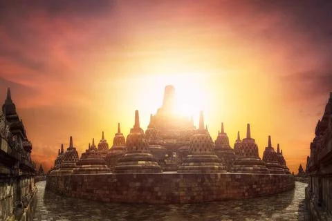 Sunset at Borobudur Temple. Java, Indonesia Amazing sunset at Borobudur Te... Stock-Fotos