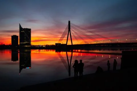 Sunset at the bridge on the Daugava River in Riga Stock Photos