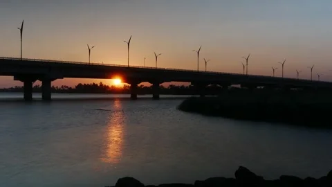 Sunset at Bridge Over River Stock Footage 339604312